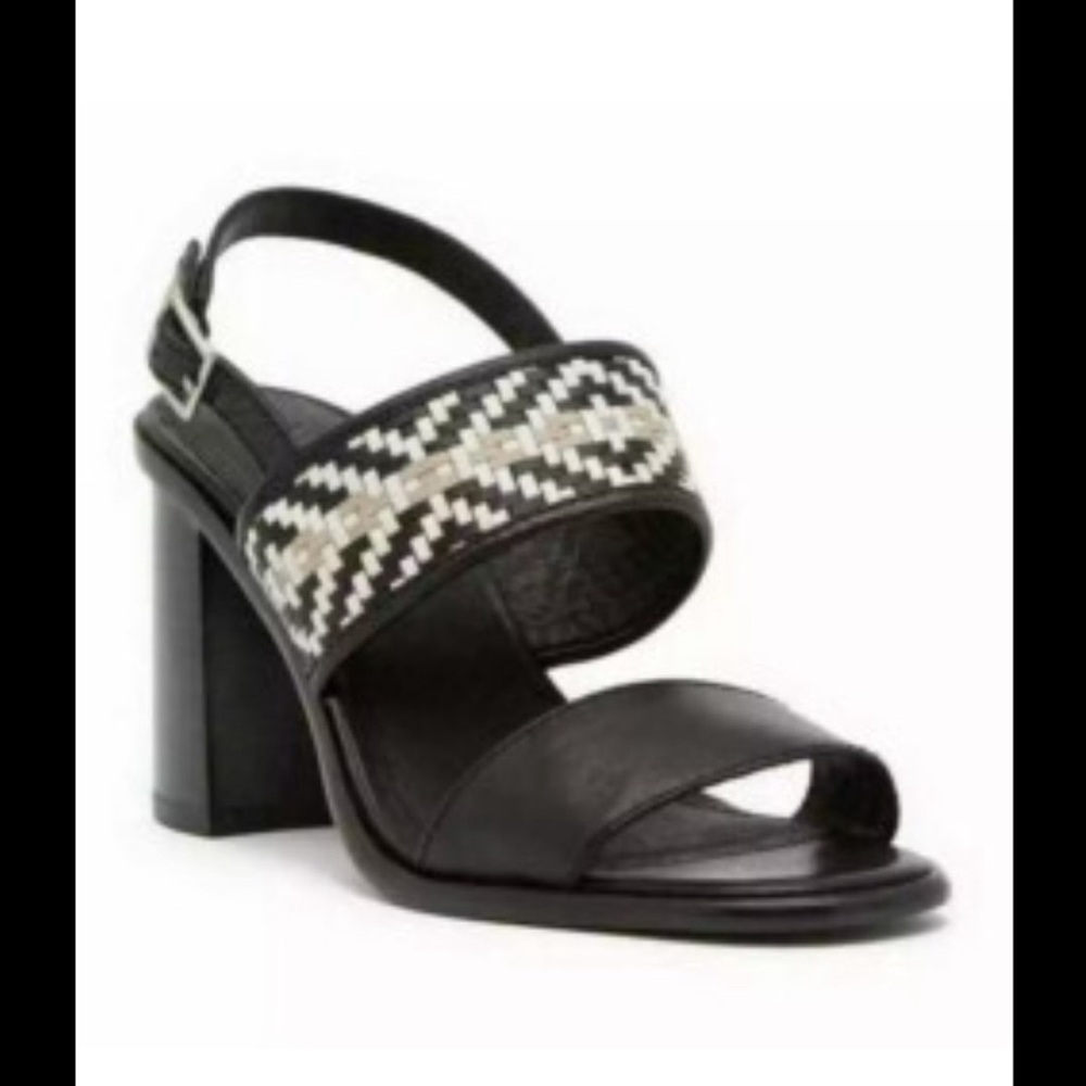 Frye Amy Black Block Heel Sandal with Woven Neutral Accent